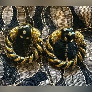 Vintage swan stamped gold plated enamel and Swarovski Crystal earrings